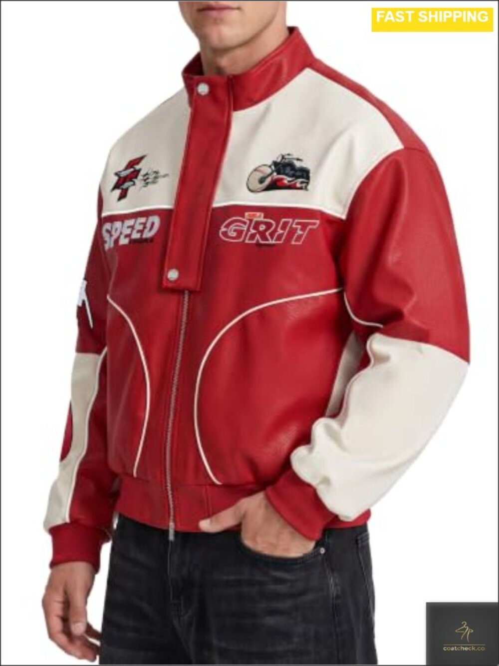 Cropped Faux Leather Racing Bomber Jacket Embroidered Moto Streetwear